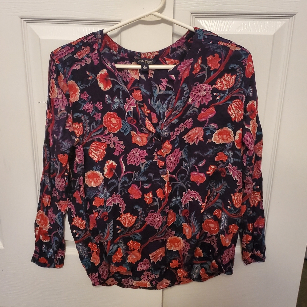 Lucky Brand Navy Floral Button-Neck Blouse